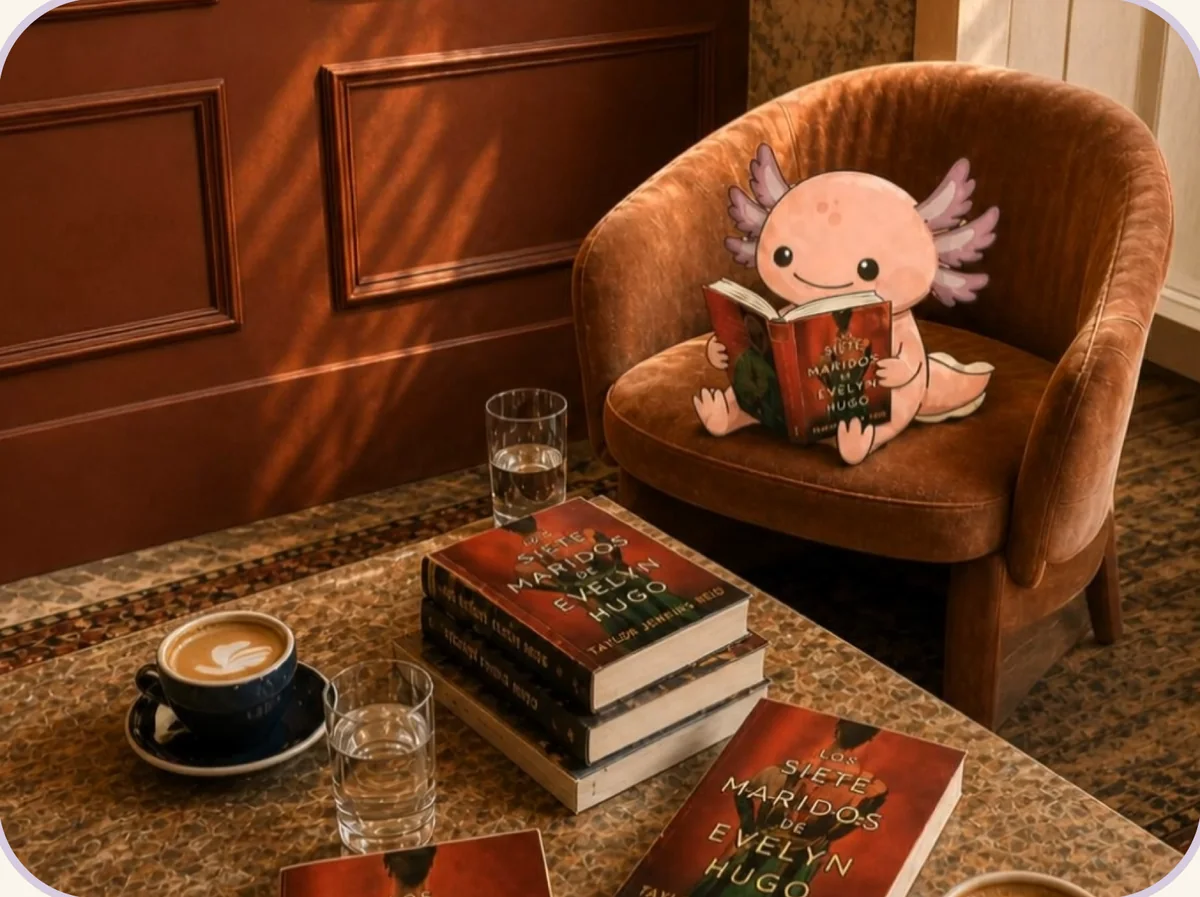 Un ajolote leyendo en un sillón junto a una mesa con libros y café